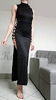 Платье макси с вырезом на бедрах черное длинное с полосками на боках Size L (факт.M-L)