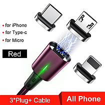 Elough E-Star 3A магнітний кабель 3 в 1 Micro USB/Type-C/Lightning.  Швидке заряджання 3.0 Burgundy Red