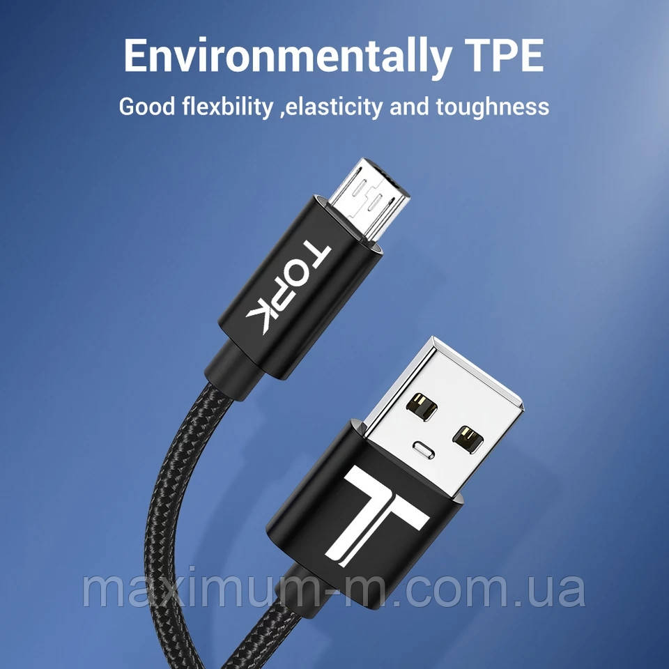 Оригинальный кабель TOPK AN18 Micro-USB Quick Charge 2.4A быстрая зарядка Black (CA18110310) - фото 2 - id-p1938789101