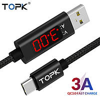 Оригинальный кабель TOPK AC27 Type-C Quick Charge 3A быстрая зарядка дисплей напряжения и тока Black