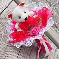Рожевий букет з плюшевим ведмедиком , м'які іграшки подарунок дівчині жінці чи дитині
