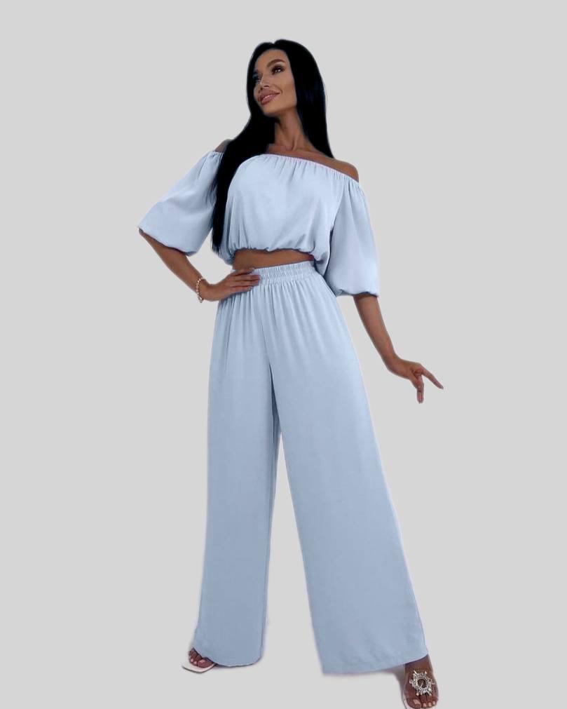 Легкий літній костюм блузка з відкритими плечима на резинці та штани палаццо Dv5693