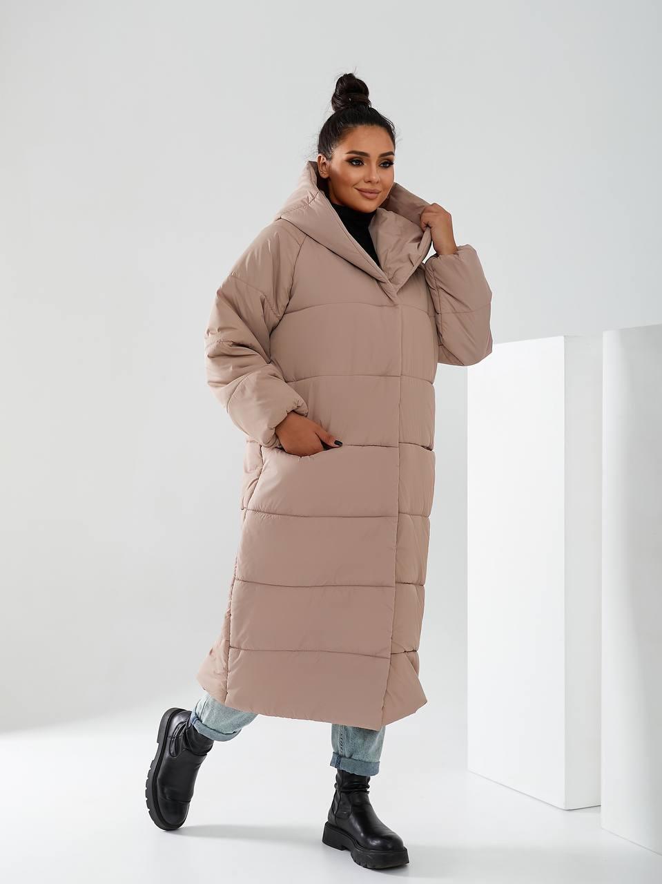 Довга зимова куртка з капюшоном батал арт. А521 колір кавовий/ кава з молоком