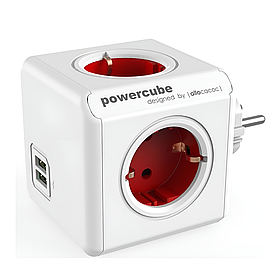 МЕРЕЖЕВИЙ РОЗГАЛУЖУВАЧ ALLOCACOC POWERCUBE ORIGINAL З ЗАЗЕМЛЕННЯМ 4 РОЗЕТКИ 2 USB, ЧЕРВОНИЙ