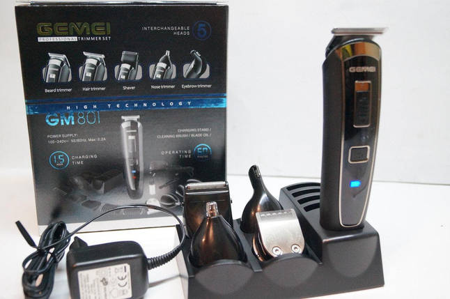 Акумуляторний Тример машинка для стрижки волосся для гоління бороди носа вух 5 в 1 Gemei PRO GM-801, фото 2