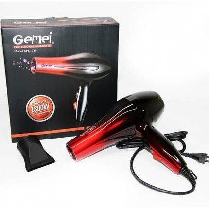 Фен для укладання волосся Gemei GM-1719-Pro 1800 Вт 2 швидкості та 3 режими нагрівання Чорно-червоний (VK-8056), фото 2