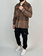 Мужская рубашка в клетку байковая (коричневая) 2408/11 стильная модная и теплая премиум качество для