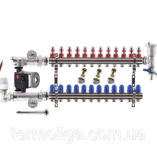 Колектор теплої підлоги "КР" Чехія 11 контури в зборі з насосом, фото 1