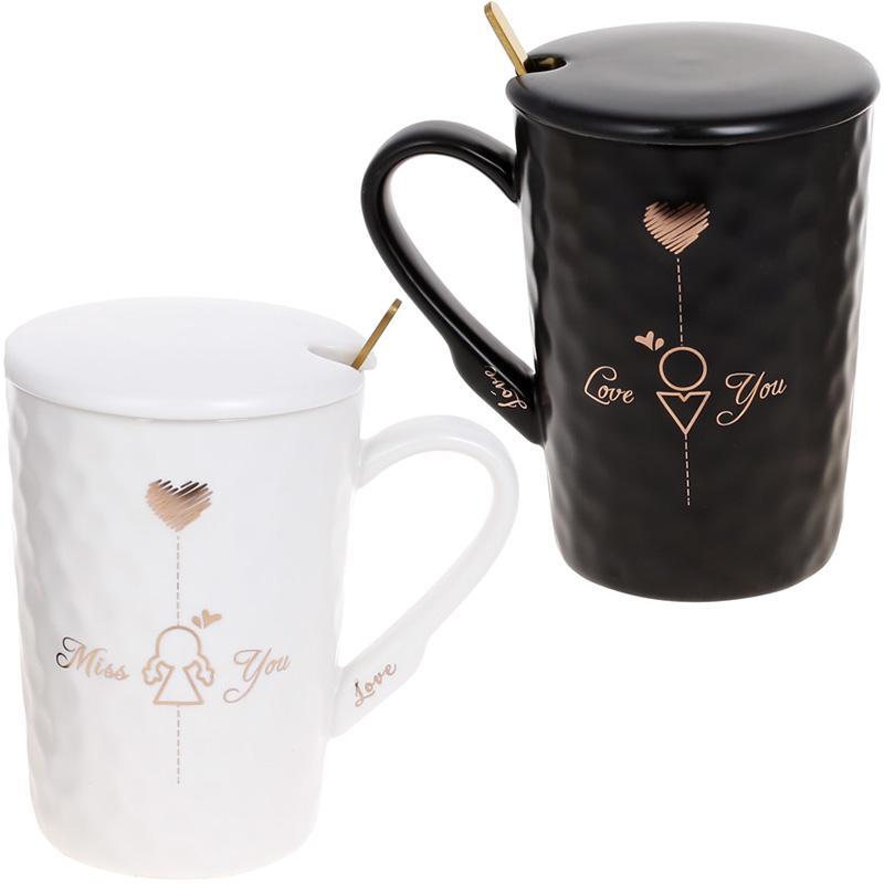 Набір 2 порцелянових гуртки "Love You" 380мл greenpharm greenpharm  з кришкою і ложкою, фото 1