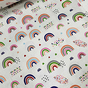Тканина муслін Двошарова намальовані різнобарвні веселки з точками на білому (шир. 1,6 м) (MS-FR- 0102)