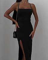 Жіноча базова чорна вечірня,романтична,міді сукня з крепдайвінгу,з розрізом на ніжці,без рукавів,з відкритою спиною+зав'язки