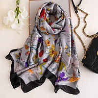 Шелковый шарф серый нежный с цветами в стиле Прованс 180*90см