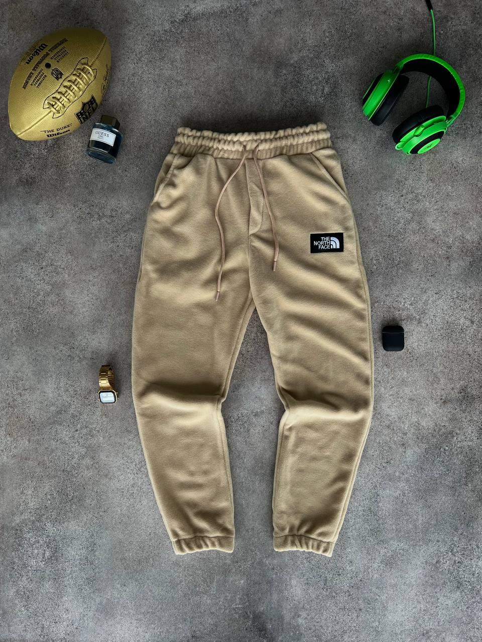 Спортивні штани чоловічі зимові бежеві з написами фірмові The North Face TNF