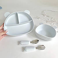 Силиконовая посуда для детей: 2 тарелки (с секциями и глубокая), ложка, вилка; для прикорма «Мишка» (циркон)