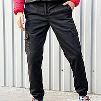 Чоловічі штани карго демісезонні Чорні/ Теплі штани на флісі / Осінні спортивні штани флісові для чоловіків