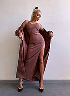 Жіночий комплект сукня з чашками на тонких бретелях і кардиган максі з теплого рубчика Smb8683