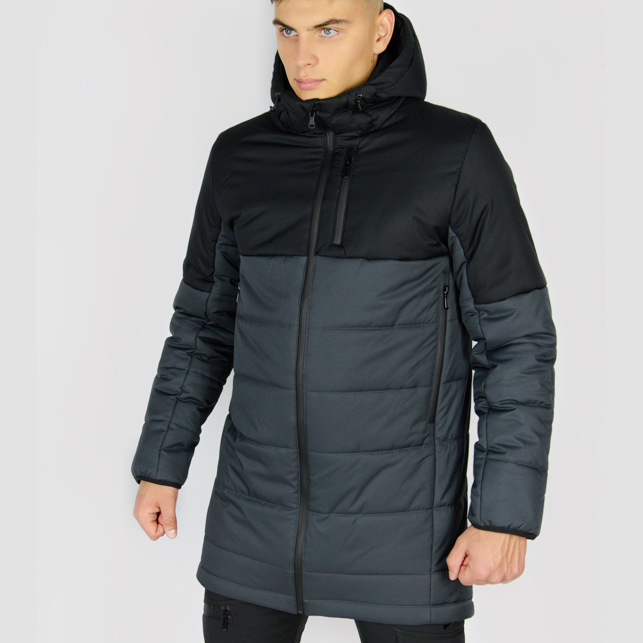 Мужская демисезонная куртка из капюшоном/ Деми куртка для мужчин/ Водоотталкивающая курточка черно серая M - фото 1 - id-p1939430149