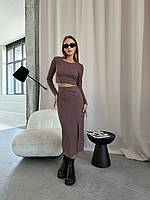 Женский стильный костюм юбка и топ с длинным рукавом в рубчик 48, Шоколад
