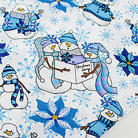 Бязь новогодняя "Хор снеговиков" в голубых нарядах на белом фоне № Б-3149