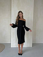 Женское базовое платье с поясом миди с длинным рукавом однотонное креп дайвинг Черный, 46