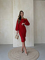 Женское базовое платье с поясом миди с длинным рукавом однотонное креп дайвинг Красный, 42