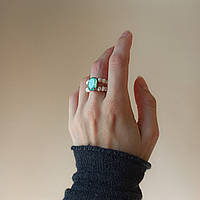 Двойное кольцо из натурального речного жемчуга овальный кристалл цвета морской волны, d-5мм+- 16-18р-р