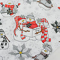 Бязь новогодняя "Хор снеговиков" в красных нарядах на белом фоне № Б-3150
