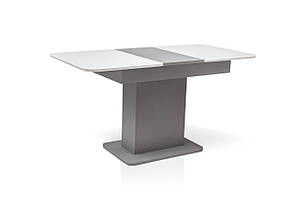 Розкладний маленький обідній кухонний стіл зі скляною стільницею у вітальню на одній ніжці Сіріус 110 см білий/сірий