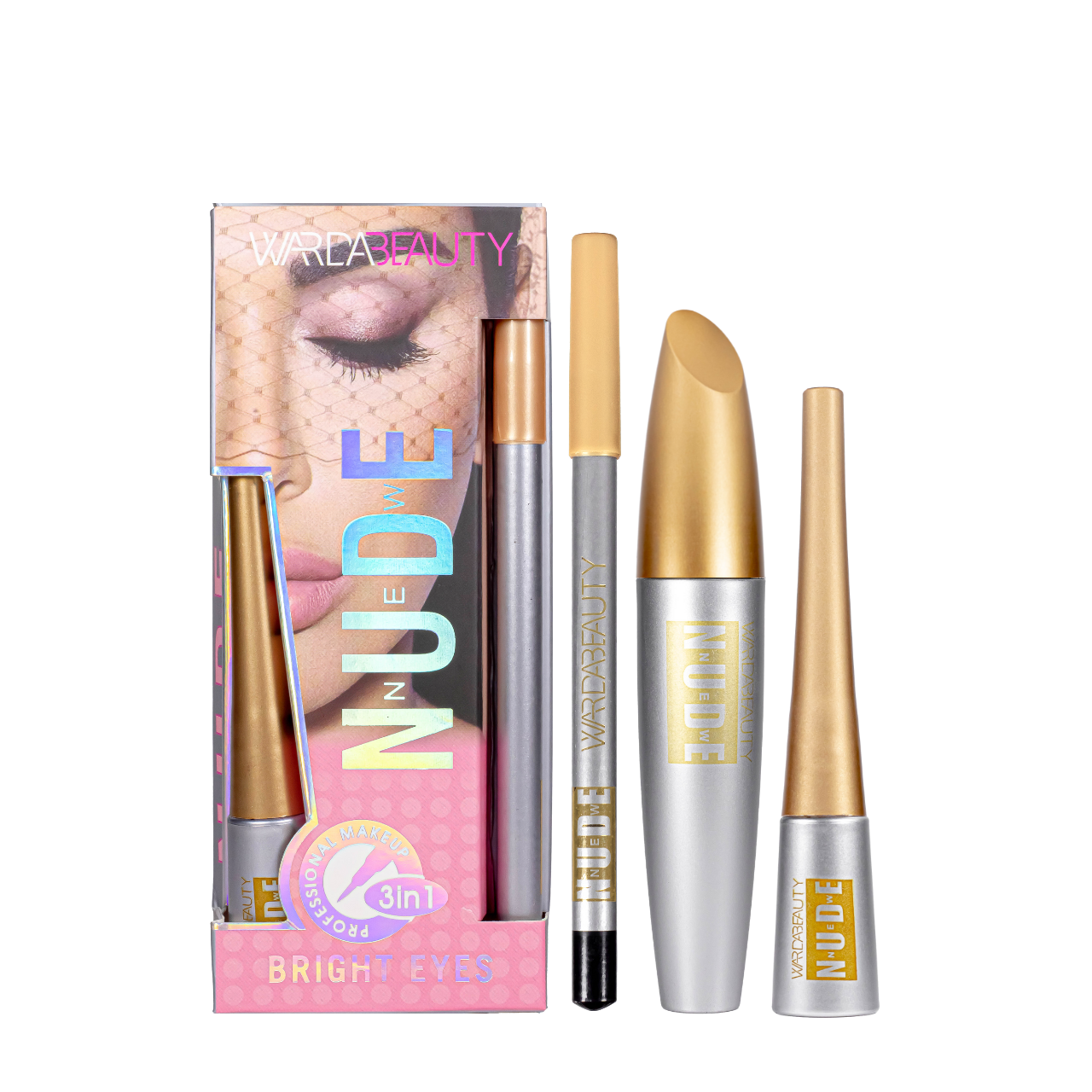 Набір декоративної косметики для очей 3 в 1 Nude Warda Beauty — туш для вій, олівець, підводка для очей, фото 1