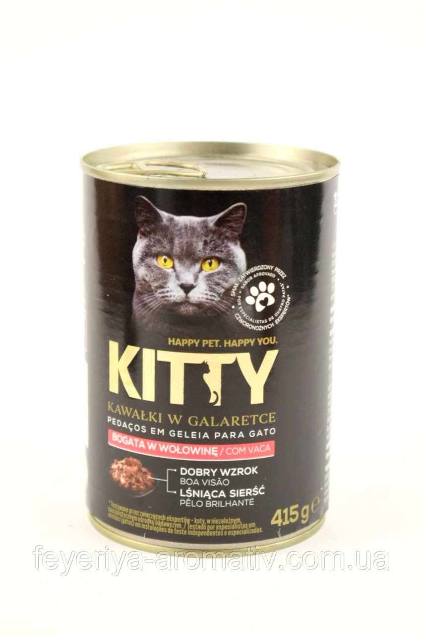 Вологий корм для котів Kitty шматочки яловичини в желе 415 г (Польща), фото 1