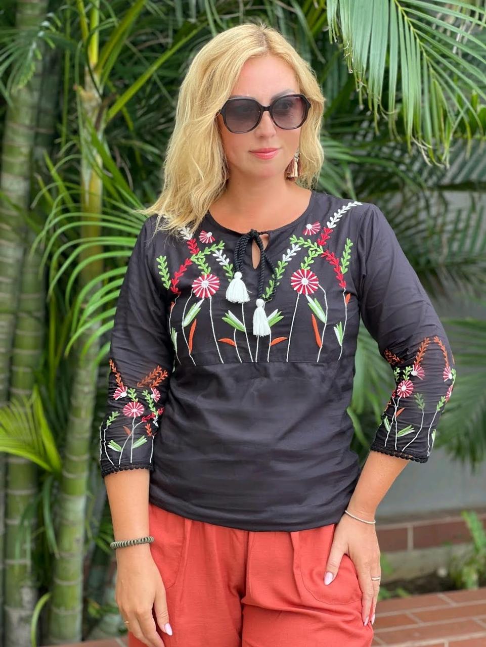 Жіноча блузка вишиванка з рослинним принтом M,L,XL,2XL), фото 1