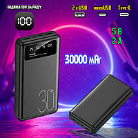 Универсальная мобильная батарея PowerBank AMZ30000mAh, индикатор заряда, 2хUSB/MicroUSB/Type-C Black ICN