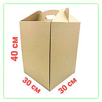 Бурая картонная коробка для торта пряничного домика 300*300*400 мм самосборная с плоской ручкой Korob(1)