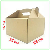 Бурая картонная коробка для торта пряничного домика 250*250*150 мм самосборная с плоской ручкой Korob(1)