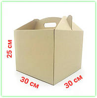 Бурая картонная коробка для торта пряничного домика 300*300*250 мм самосборная с плоской ручкой Korob(1)