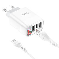 Зарядний пристрій USB HOCO C93A 3.4A 3 USB + кабель Micro USB (LED дисплей) White