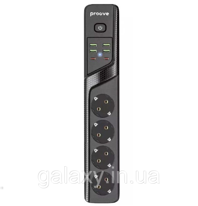 Подовжувач Proove 4 розетки 4хUSB 2хType-C 2м мережевий фільтр Proove Power Socket P-04 Black
