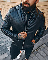 Бомбер куртка мужская черная на молнии, Мужская стеганая кожаная куртка черного цвета