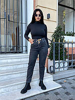 Женские серые стрейчевые джинсы большого размера БАТАЛ 50-60 высокая посадка с резинкой на талии