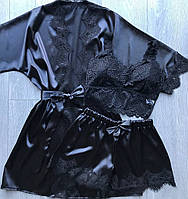 Женский сексуальный шелковый черный комплект халат, шорты и кружевной топ