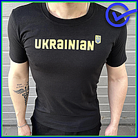 Качественная черная мужская футболка с надписью UKRAINIAN и гербом Украины на груди, стильная футболка