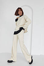 Жіночий в'язаний костюм зі штанами та кофтою оверсайз — бежевий колір, L (є розміри)