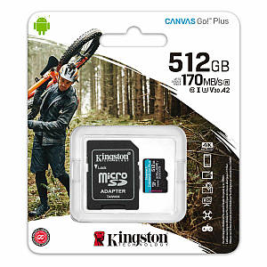 MicroSDXC (UHS-1 U3) Kingston Canvas Go Plus 512Gb class 10 A2 V30 (R170MB/s, W90MB/s) (adapter SD)