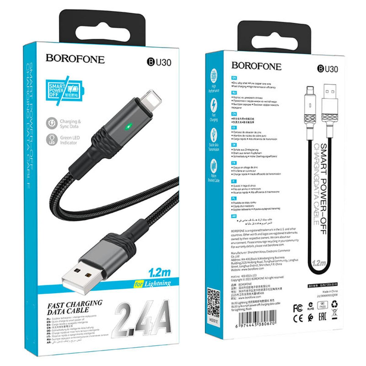 Кабель BOROFONE BU30 USB to iP, 2.4A, 1.2m, nylon, aluminum connectors, light indicator, Black - фото 4 - id-p1940067043