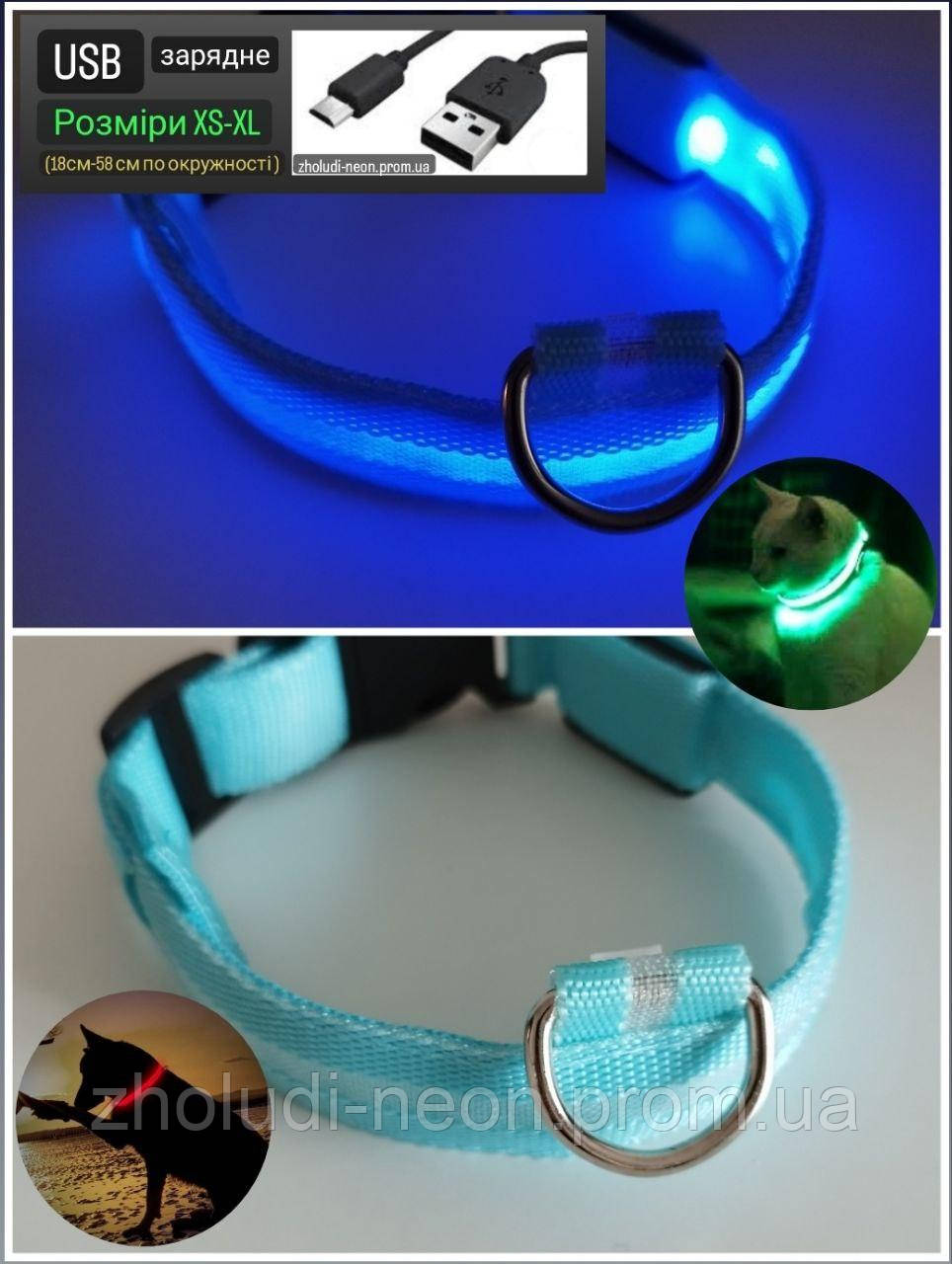Яскравий світний нашийник USB для собак і котів. Колір —БЛАКИТНИЙ. XS-XL(18-58 см)