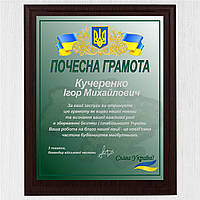 Почесна грамота для військовослужбовця на металі на дерев'яній підкладці плакетці