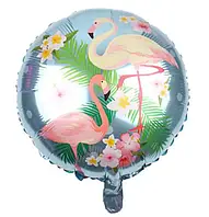 Шар фольгированный круглый Фламинго на голубом (Китай)