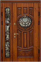 Дверь входная со стеклопакетом и ковкой, с объемной резьбой и патиной