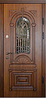 Дверь входная со стеклопакетами и ковкой, с объемными накладками и патиной