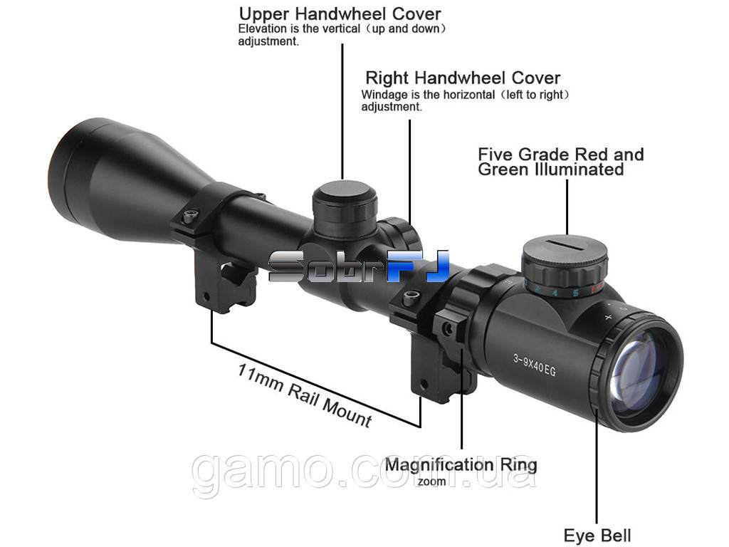 Оптичний приціл з підсвічуванням шкали 3-9x40E + кільця 11мм.